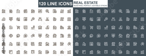 Real estate thin line icons set. Commercial and residential building, mortgage and rent services unique icons. Real estate agency outline vector bundle. 48x48 pixel perfect linear pictogram pack.
