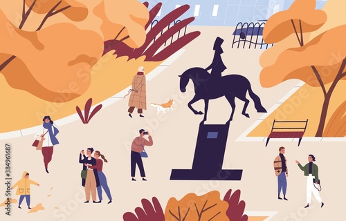 Autumn city park with people walking and taking photos. Urban garden with monument. Men, women and children spend time at public place. Flat vector cartoon illustration