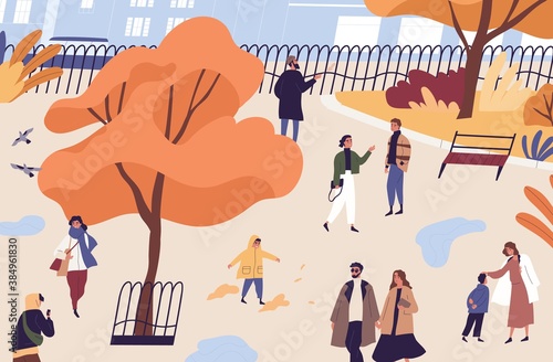 Men, women and children walking in autumn city park. People spend time in urban garden. Fall recreational activity at public place. Flat vector cartoon illustration