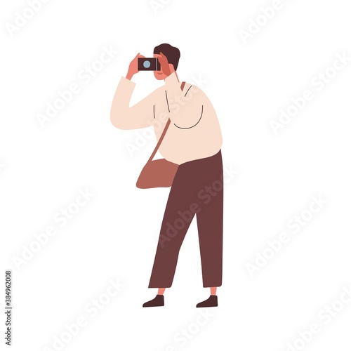 Modern man photographing. Male photographer taking picture. Tourist hold camera. Young reporter taking photo. Flat vector cartoon illustration isolated on white