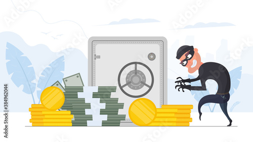 The robber steals money. The criminal steals gold coins. Robbery and finance security concept. Flat style, vector.