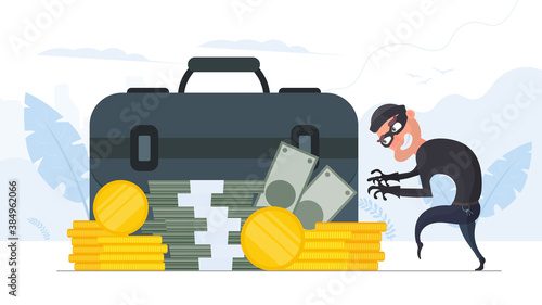 The robber steals money. The criminal steals gold coins. Robbery and finance security concept. Flat style, vector.