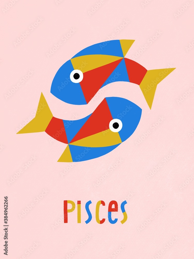 Fototapeta premium Pisces zodiac sign. Magic characters. Hand drawn abstract geometric illustrations with zodiac astrological contemporary signs symbols collection set.Twelve astrological poster. 