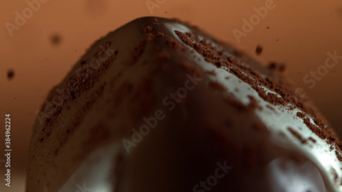 Detail of praline with falling cocoa powder on top photo