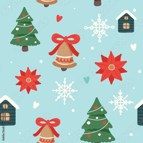 Christmas pattern with cute decorated christmas trees, houses and bells, vector illustration in flat style