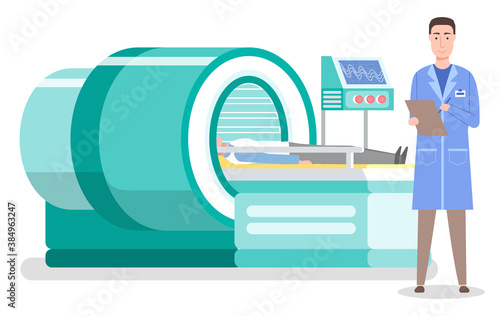 Magnetic resonance imaging concept. Laboratory diagnostics. Man patient lying at tomography machine. Smiling radiologist wearing medical gown holding clipboard, writing results of tomography