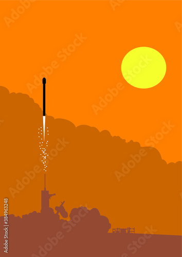silhouette of a reusable rocket launch during sunrise from a launchpad