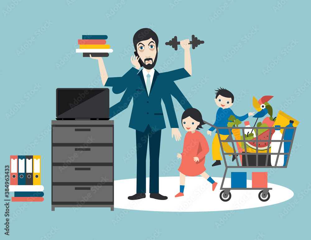 Busy multitasking man, father, dad, daddy,  businessman, worker. Young man with children, shopping, working, calling and doing exercise at the gym. Flat vector.