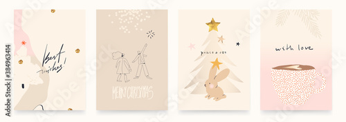 Trendy set of winter holidays Merry Christmas greeting cards. Contemporary modern hand drawn vector illustration. 