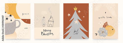 Trendy set of winter holidays Merry Christmas greeting cards. Contemporary modern hand drawn vector illustration. 