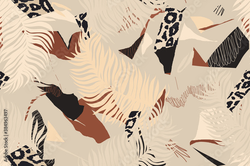 Modern contemporary exotic pattern with leopard skin. Creative collage seamless pattern. Fashionable template for design.
