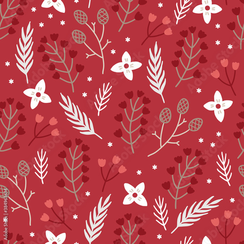 Christmas seamless pattern with cones, flowers, snowflakes, fir branches