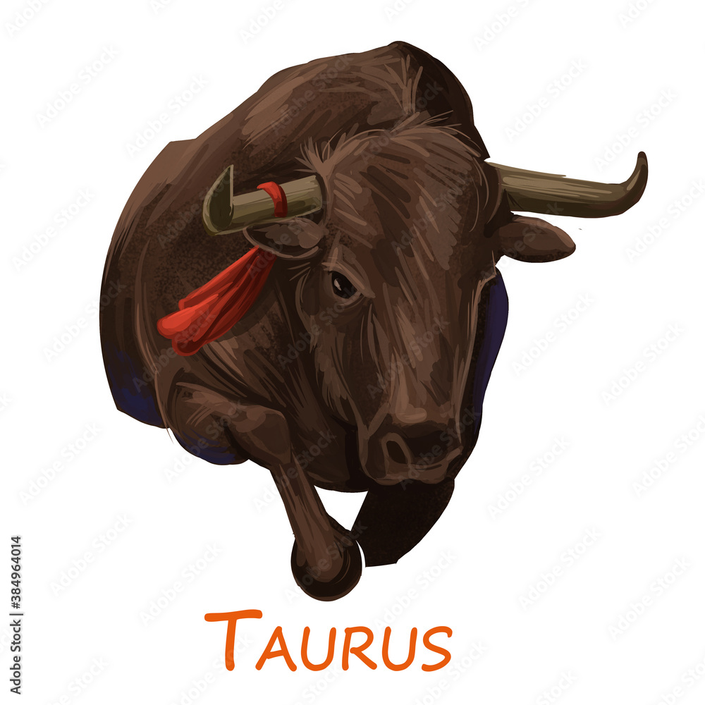 Taurus metal ox year horoscope zodiac sign isolated. Digital art  illustration of chinese new year symbol, astrology lunar calendar sign.  Horned animal Taurus horoscope icon oriental cow bull with red. Иллюстрация  Stock |