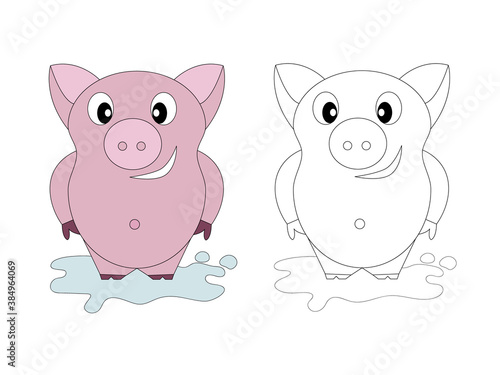 Page of coloring book for children. Cute piggy. Hand painted animal sketches in a simple style. T-shirt print, label, patch or sticker. Vector illustration.