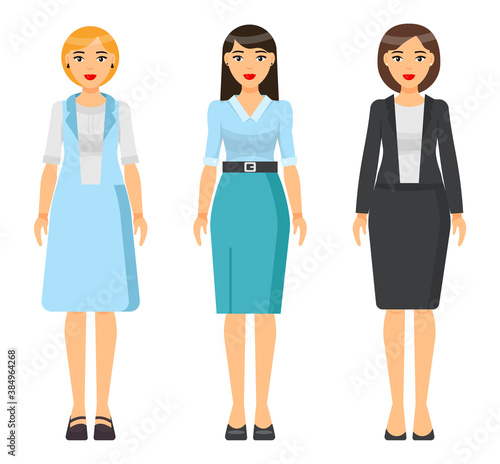 Set of vector chartoon characters. Dresscode of businesswoman. Woman wearing blue office suit, jacket and skirt. Girl wearing dress. Stylish business lady in blouse and skirt. Business person style