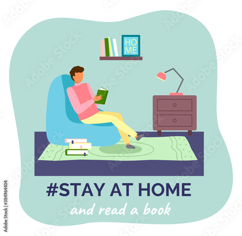 Stay at home and read book. Quarantine self-isolation at home. Prevention of covid-19 or coronavirus. Virus outbreak. Man sitting in chair with book. Home activities, leisure during world epidemic