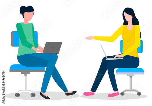 Colleagues working, teamwork process, office workers sitting at armchairs and working, discussing, brainstorming, analysing strategy of work, two businesswomen using laptops, isolated flat characters