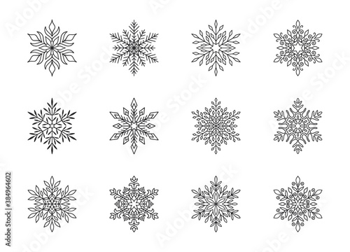 Christmas snowflakes collection isolated on white background. Cute hand drawn snow icons with intricate silhouette. Nice line doodle decorative element for New year banner, cards or ornament