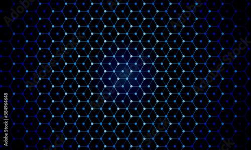 abstract dark blue background with hexagons. Dots and lines in hexagons pattern with gradient.