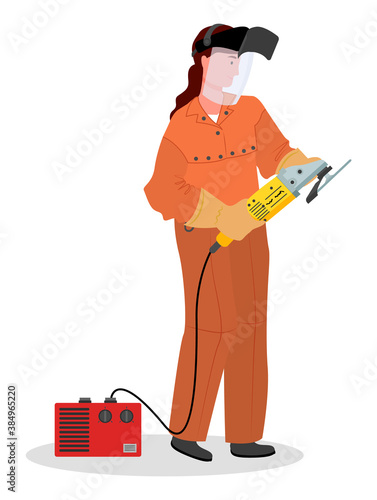 Industrial worker female with grinder tool, woman wearing protective plastic mask, costume and gloves, hand instrument connecting with electric generator, work not for ladies, cartoon flat character