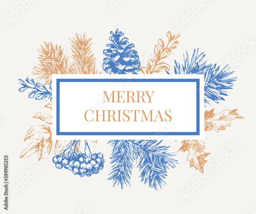 Christmas Poster - Illustration. Lettering Vector illustration of Christmas Frame with branches of christmas tree.