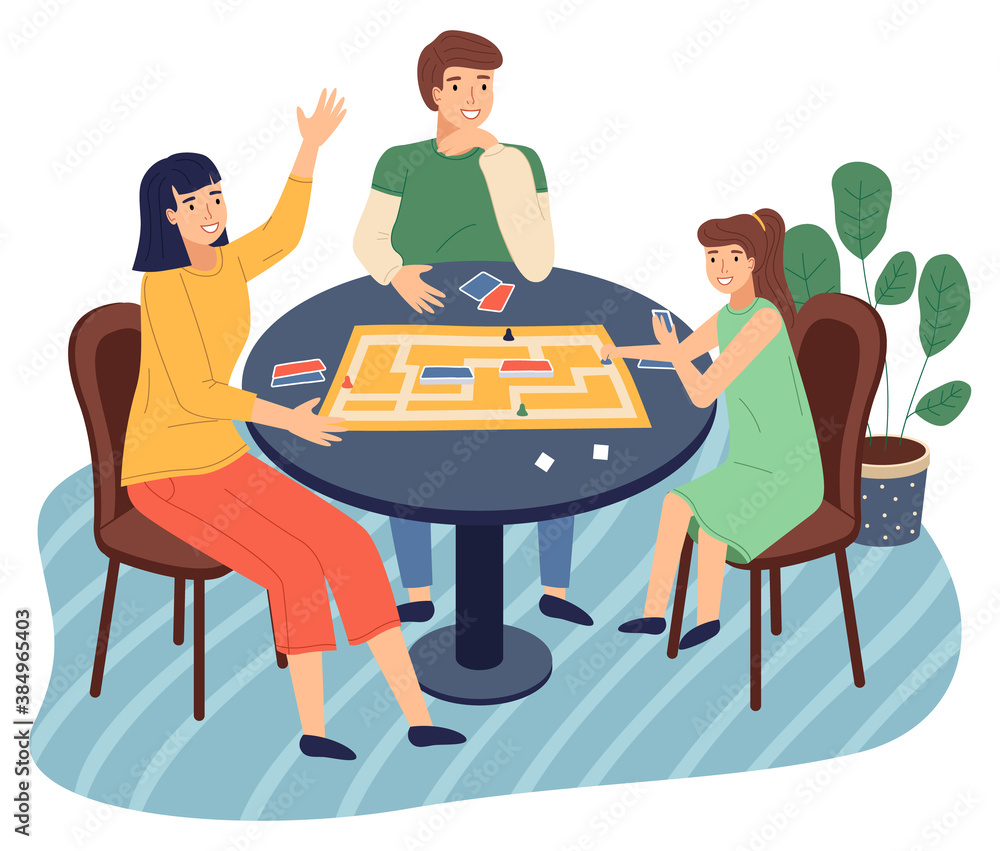 Happy family spend time at home. People playing in table game with cards, labyrinth. Mother, daughter, father play together at home. Indoors home activity, hobby. Relationships of parents and kids Happy family spend time at home. People playing in table game with cards, labyrinth. Mother, daughter, father play together at home. Indoors home activity, hobby. Relationships of parents and kids