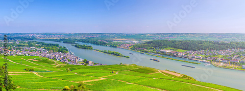 Foto Panorama of river Rhine Gorge or Upper Middle Rhine Valley winemaking region with vineyards green fields near Rudesheim am Rhein town, Rhineland-Palatinate, Germany