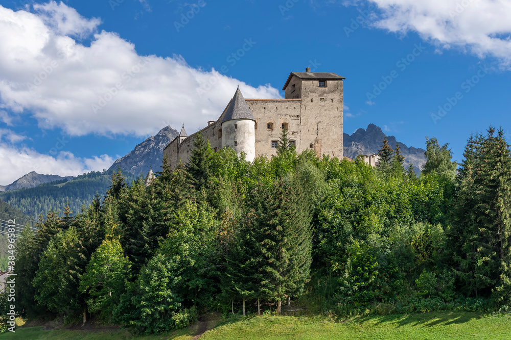 Beautiful view of the ancient Naudersberg Castle in the Austrian Tyrol, near the border with Italy, Nauders, Austria
