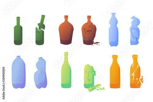 A set of glass and plastic bottles. Broken glass, crumpled plastic, waste recycling. Shattered empty bottles, isolated illustration.