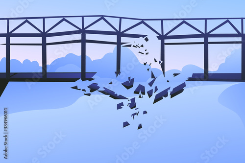 A large dark blue bridge against the backdrop of a gentle blue sky. Destruction of the canvas, collapse of the bridge structure. Falling parts and fittings, danger.
