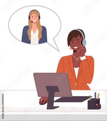 Black afro woman operator of call center or hotline. Woman with headset and computer talking with colleague, dialogue cloud. Smiling broker offers deal to partner. Video conference meeting isolated
