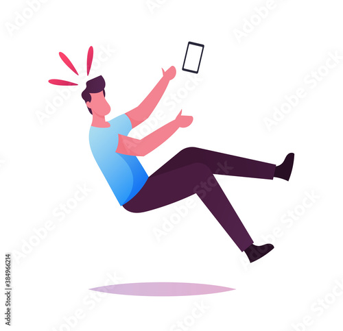 Clumsiness Concept. Male Character with Smartphone in Hand Slipping and Falling on Wet Floor Puddle, Dangerous Trauma