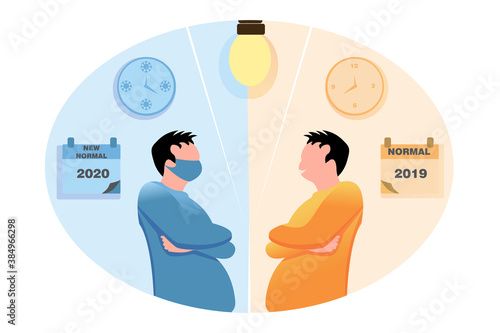 flat illustration design about covid-19 and new normal. an illustration showing the new normal and normal conditions