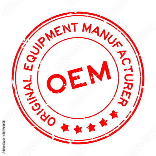Grunge red OEM (Abbreviation of Original Equipment Manufacturer) word round rubber seal stamp on white background