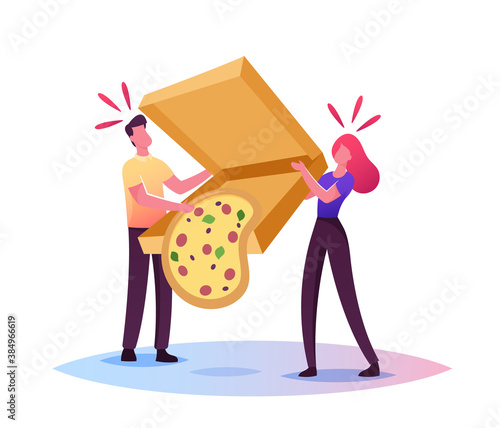Clumsiness, Sods Law Concept. Tiny Male Female Characters Drop Huge Takeaway Box with Delivered Pizza Fall Down on Floor