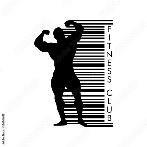 Fitness club. Icono plano código de barras con silueta de culturista en color negro