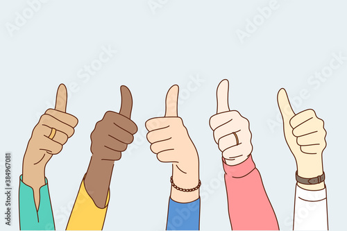 Success, approval, goal achievement, multiethnicity concept. Group multiethnic people happy clients hands showing approving ok sign or confirm with thumbs up. High level quality product customer rate.