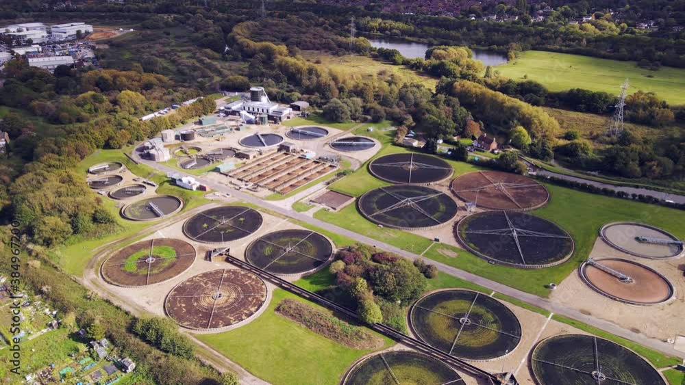 Wide aerial of water purification circle, clean drinking water