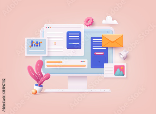 3D Web Vector Illustrations. Computer with open pages. Landing page template for web. photo