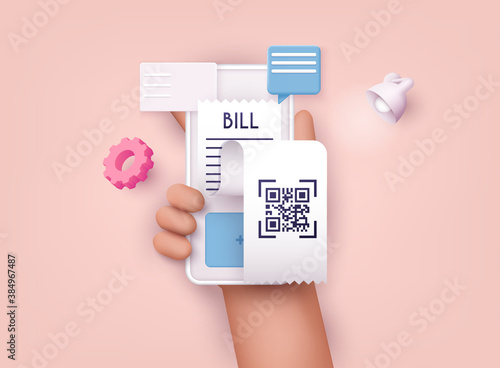 3D Web Vector Illustrations. Hands holding phone with Paying bills. Payment of utility, bank, restaurant and other. Flat design modern vector illustration concept.