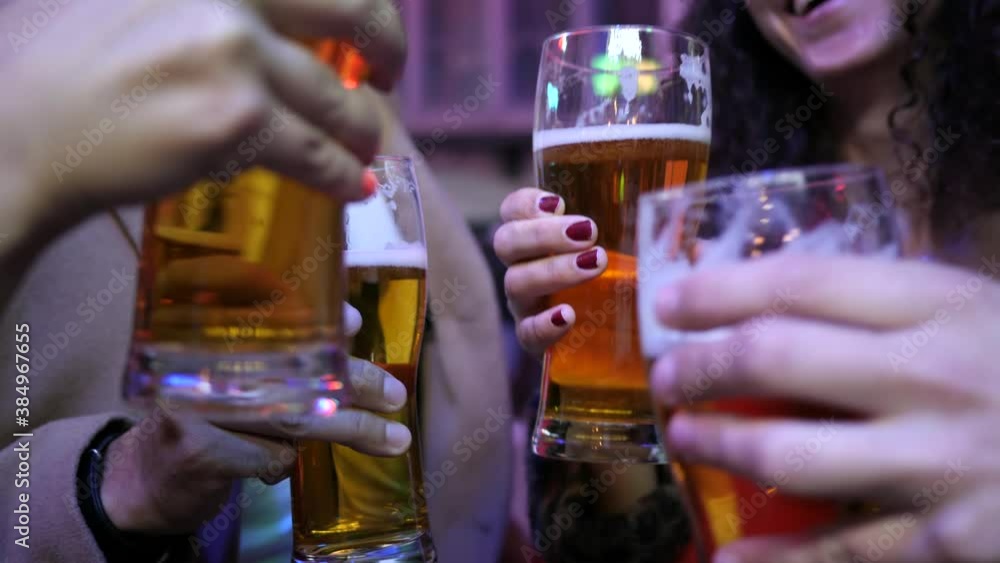 Hang out young people friends drink alcohol beer in city street bar standing outdoors Hang out young people friends drink alcohol beer in city street bar standing outdoors