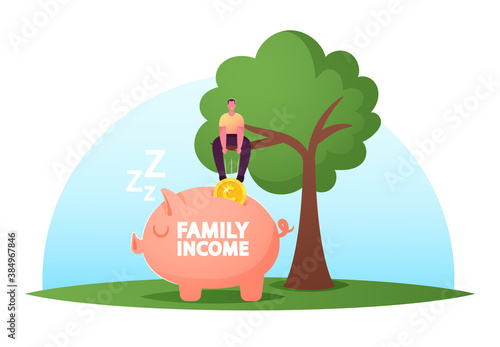 Male Character Sit on Tree Put Huge Coin into Piggy Bank. Man Collect Money, Cash, Financial Profit. Basic Family Income