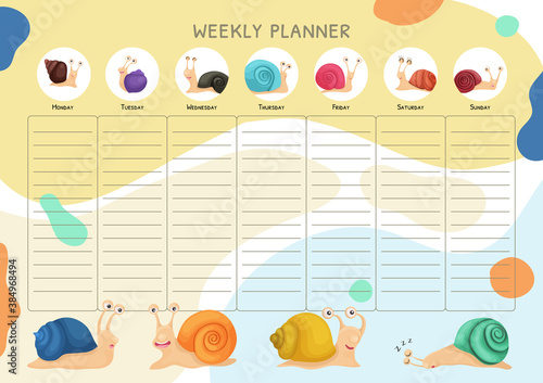 Vector illustration of a bright weekly planner with cute charming funny snails in a cartoon style. Stationery for children and adolescents, organizer and checklist