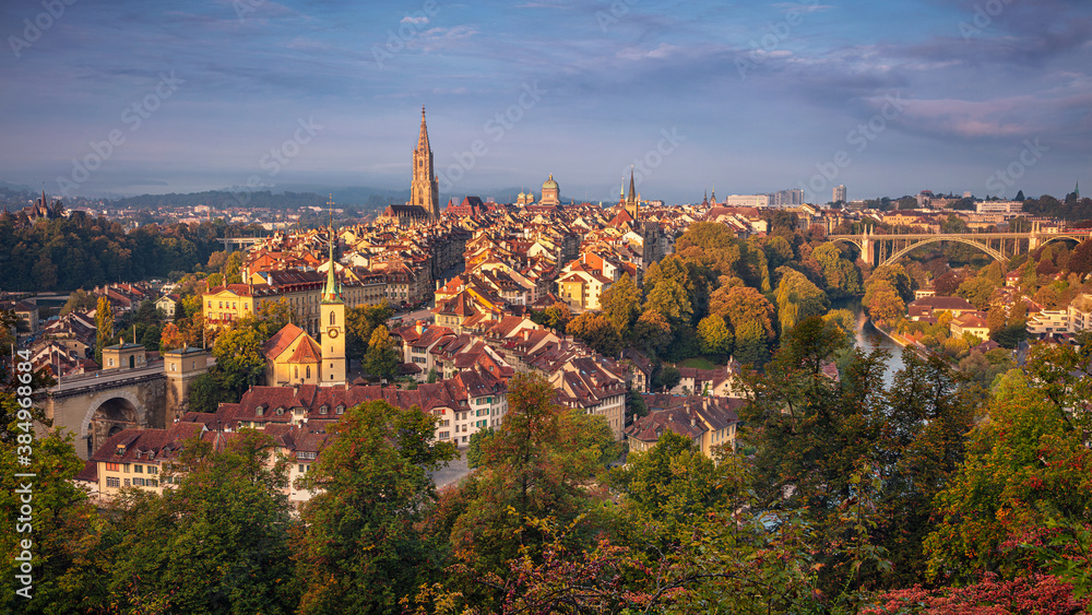 City of Bern. Cityscape image of the capital city of Bern, Switzerland during beautiful autumn sunrise.