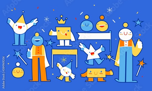 World Children's Day - November 20 - vector stickers or cut and glue DIY materials with cheerful childish geometric characters and different additional objects. Annual celebration in honor of children