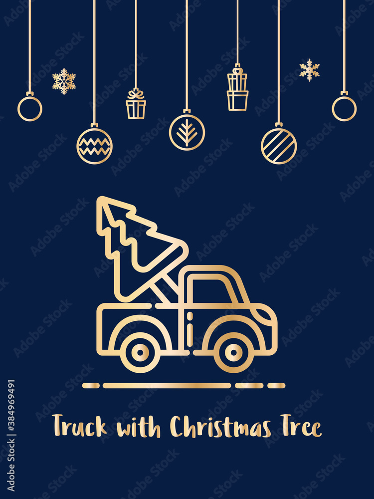 Car and Christmas tree icon with christmas ornament elements hanging background.