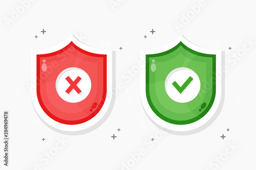 Red cross and green check mark on the shield