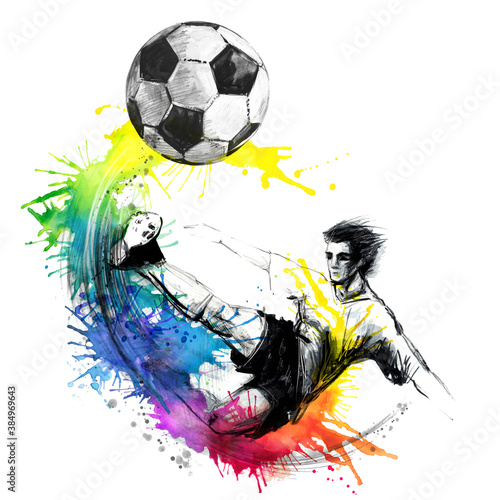 Fotografie, Obraz football player. Soccer silhouette hand drawn illustration