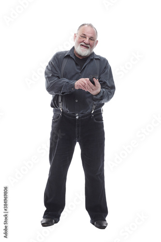 attractive older man with a smartphone. isolated on a white