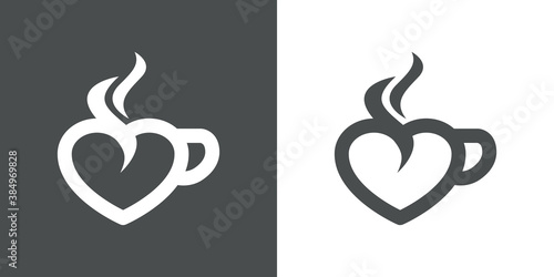 I love coffee. Logotipo con corazón como taza de café con humo en fondo gris y fondo blanco